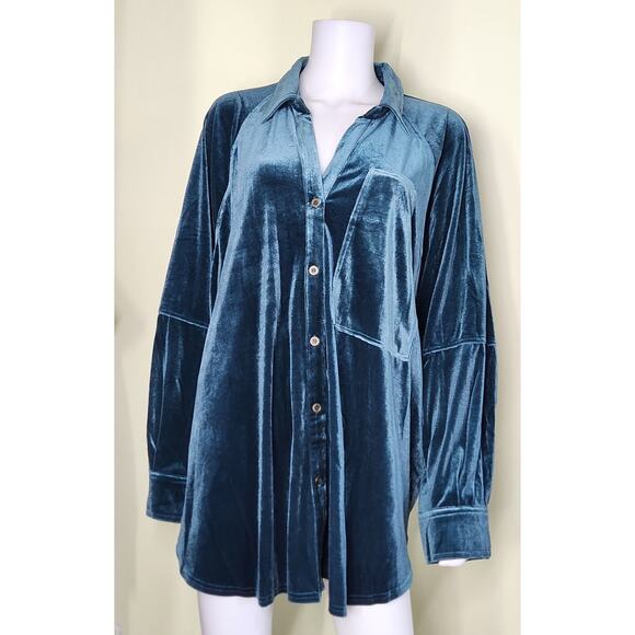Easel Los Angeles Velvet Button Up Tunic Shirt Blouse Plus 3X Teal Blue Coastal - Picture 1 of 11